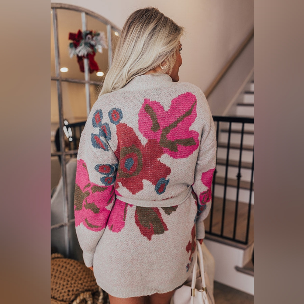 NEW Floral Print Knit Open Front Tie Waist Cardigan Sweater SMALL Birch & Pink - Picture 5 of 9